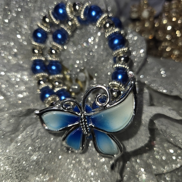 Fashion Jewelry I Butterfly Double Bracelet I Faux Blue Pearl I Expandable Band - Picture 5 of 5